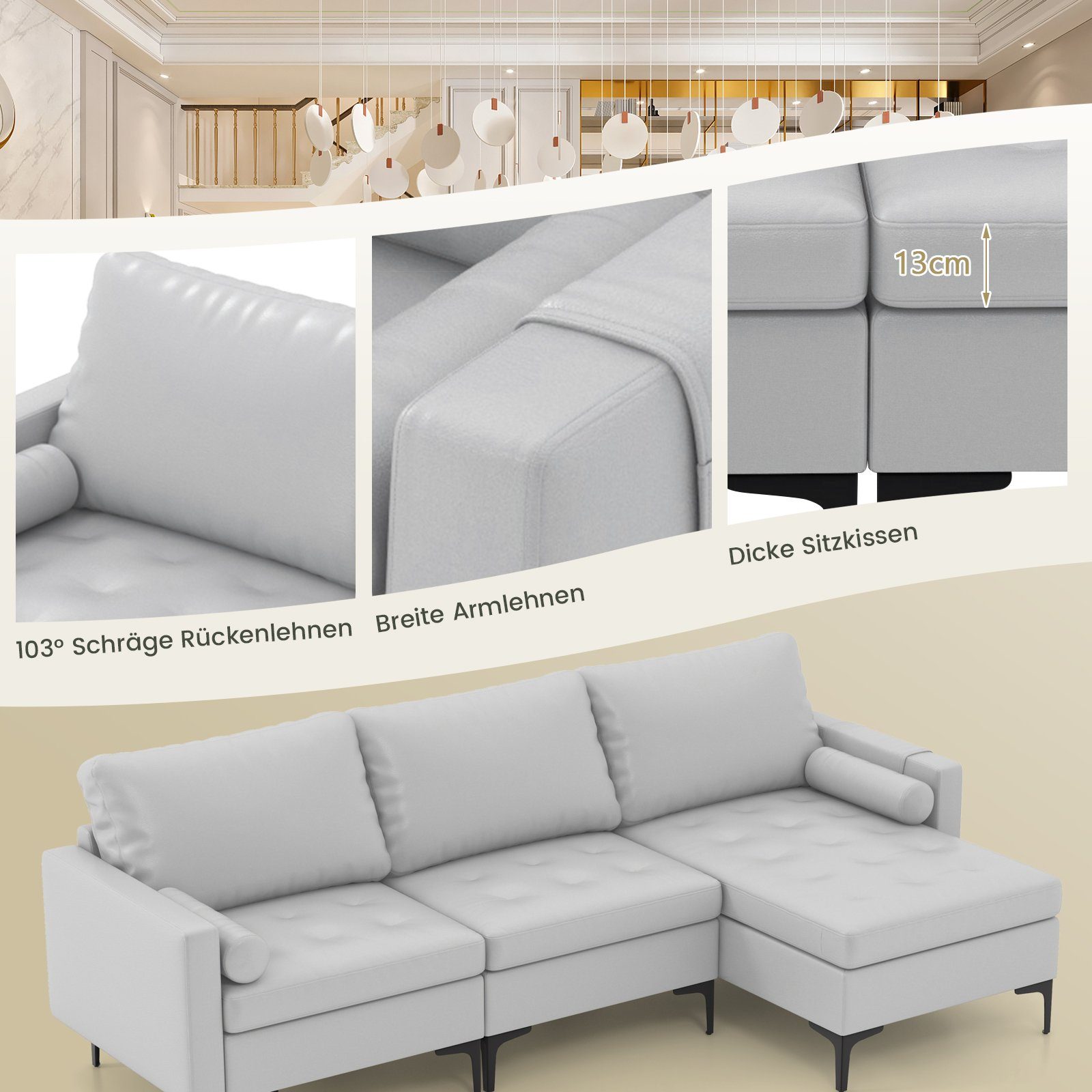 COSTWAY Ecksofa, mit Schlaffunktion, 2 USB-Anschlüsse&Steckdose, 322x130x80cm