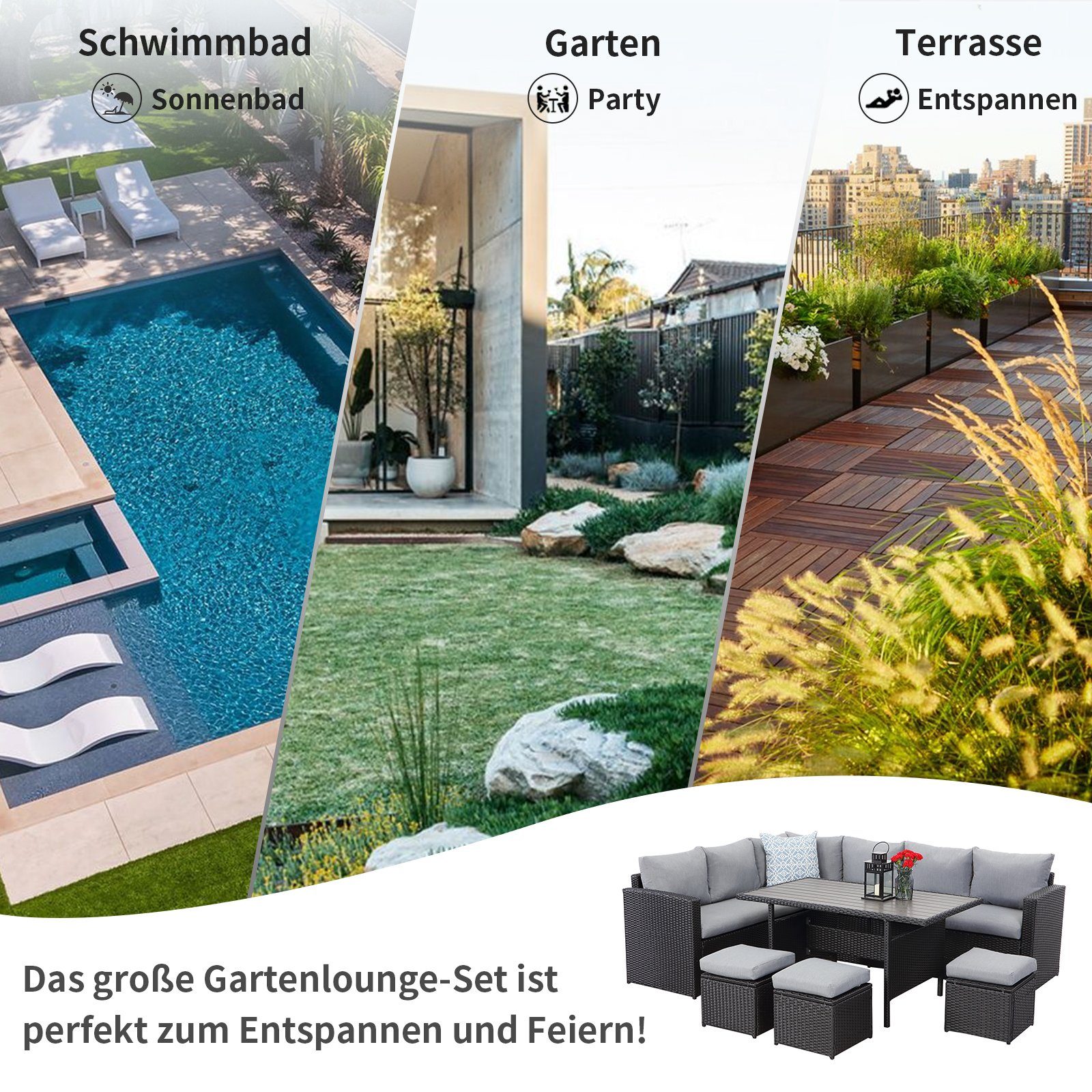 MeXo von GLP HOME Loungeset Gartenmöbel Set sale aus Polyrattan, Gartenloungeset, Sitzgruppe, (Gartengarnitur, Loungeset mit Kissen, 2-Sitzer, Ecksofa, Esstisch, 3 Hocker), Sitzgarnitur Terassenmöbel wetterfest für 6-10 Personen