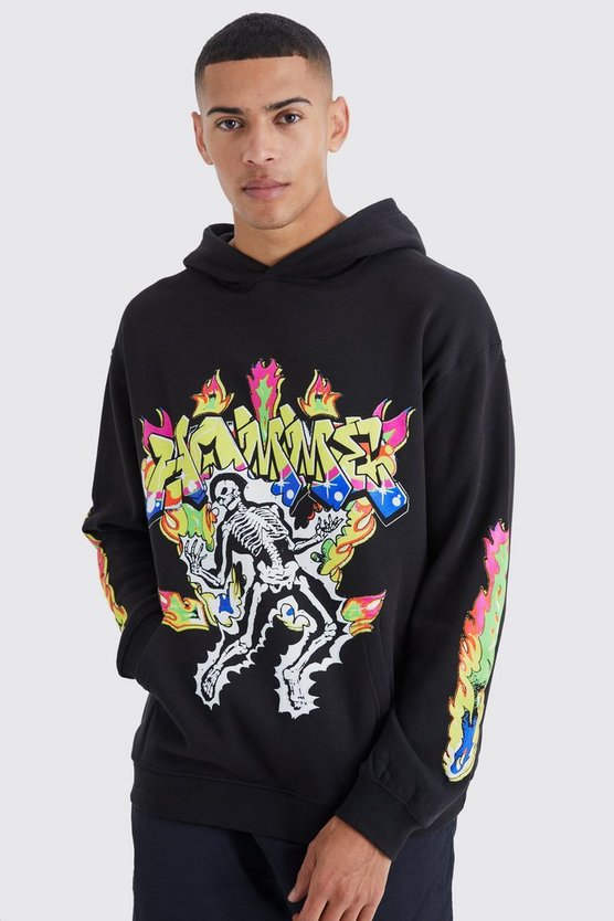 Kastiger Oversize Hoodie mit Flammen-Print