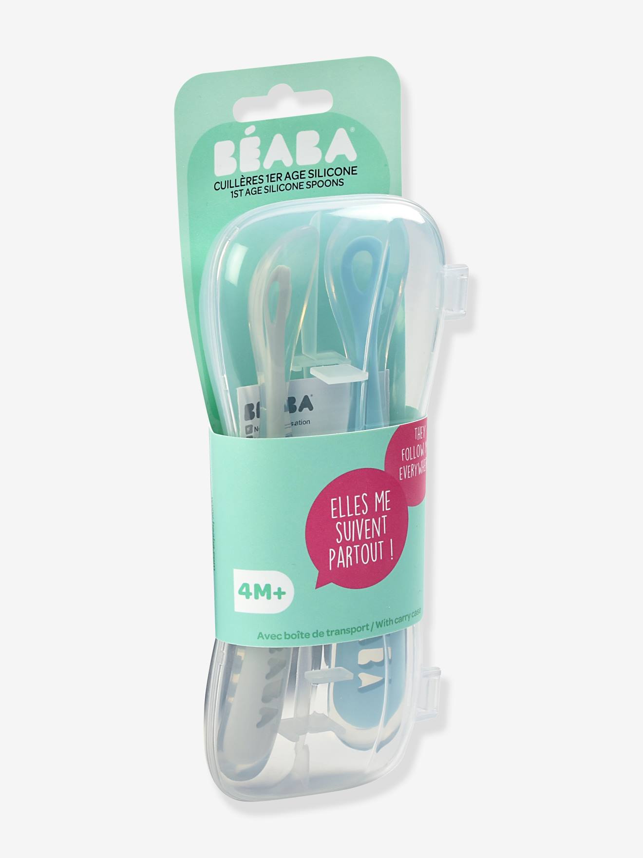 Lot de 2 cuillères ergonomiques d'apprentissage + boîte de transport BEABA rose/gris