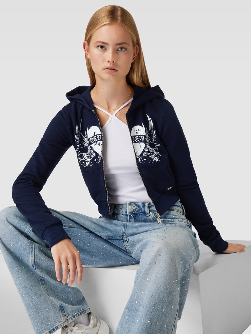 Sweatjacke mit Label-Print in marineblau