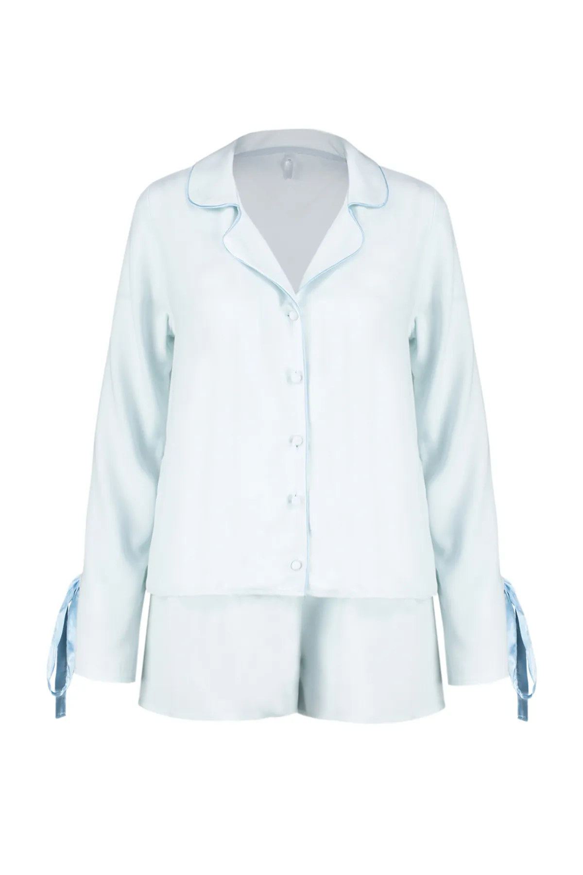 Trendyol Collection  Blaues Pyjama-Set aus Viskosegewebe mit Schnürung und Paspelierung THMSS24PT00047