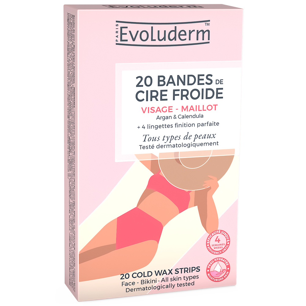 evoluderm Dépilatoire 20 Bandes de Cire Froide Visage, Maillot