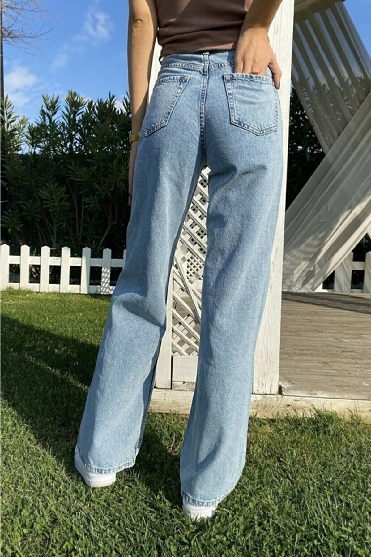 LİMABEL  Elaa End Game Blue Ice Damen-Palazzohose aus Lycra im 90er-Stil mit superhohem, lockerem Bein und weitem Denim