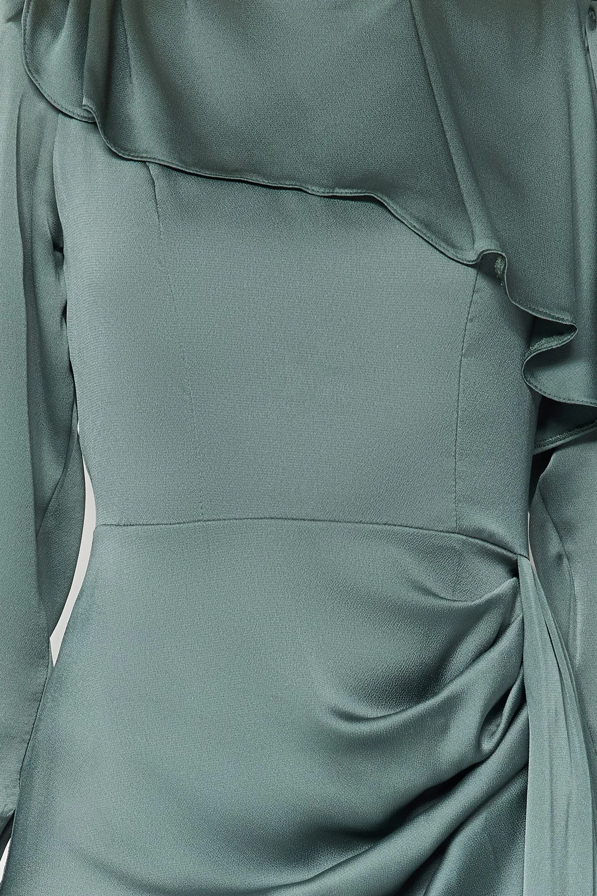 Trendyol Modest  Khakifarbenes Satin-Abendkleid mit Schalkragen TCTAW24DB00004