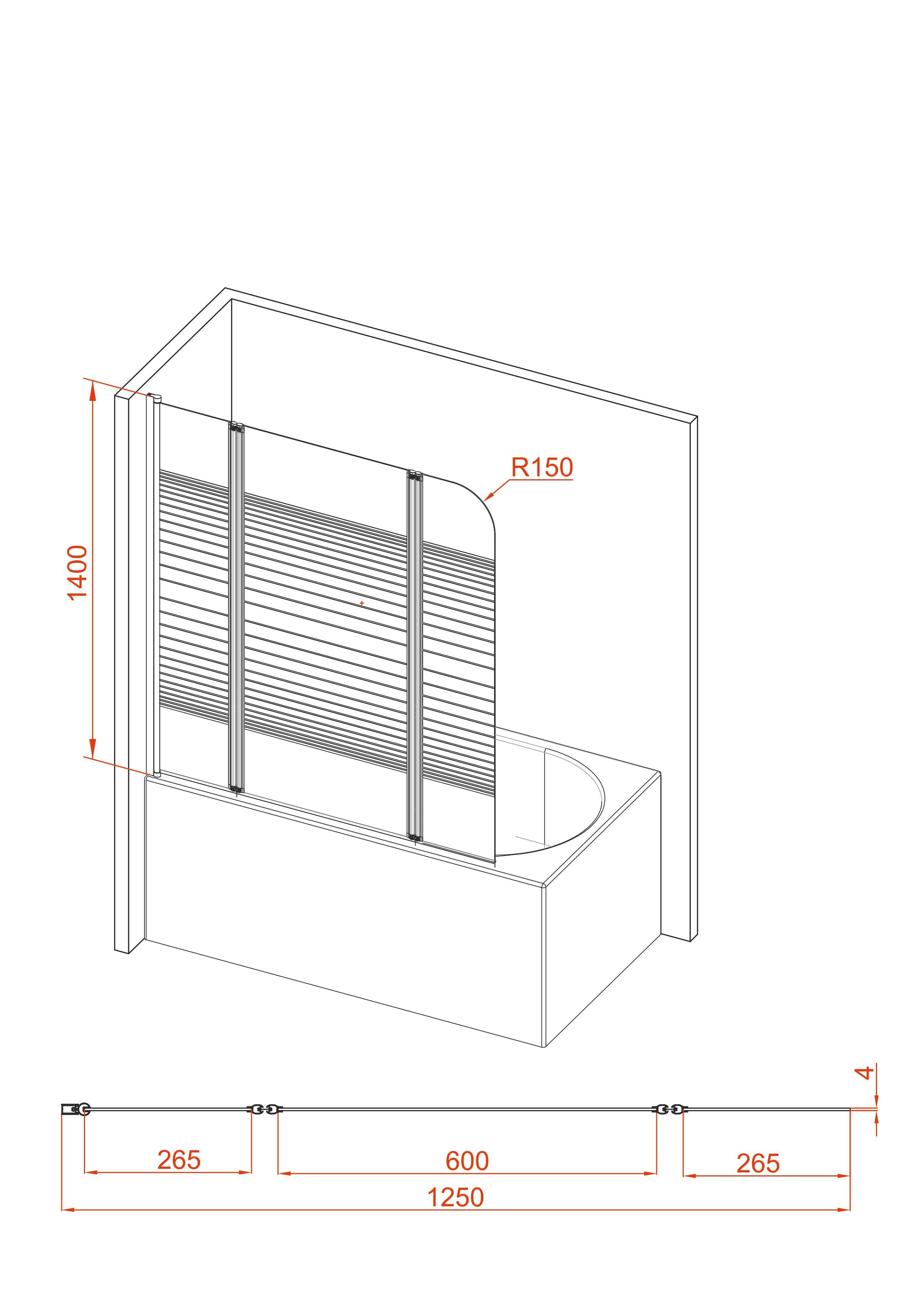 Marwell Badewannenfaltwand BLACK LINES, Einscheibensicherheitsglas, (3 tlg), mit Sichtschutz, Breite: 125 cm