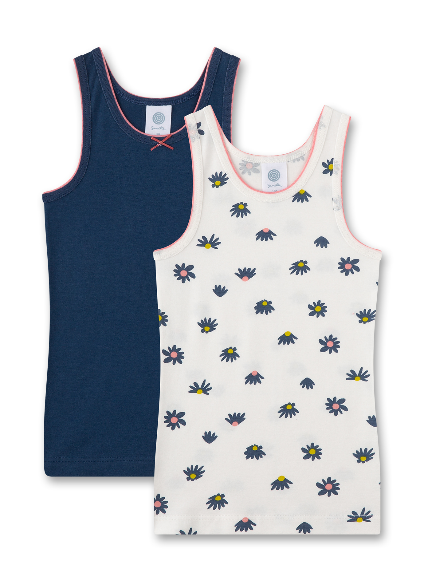Mädchen-Unterhemd (Doppelpack) Dunkelblau & Beige mit Blumen