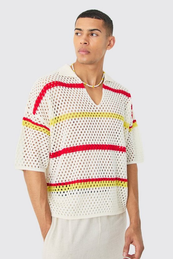 Kastiges gestreiftes Oversize Häkel-Poloshirt
