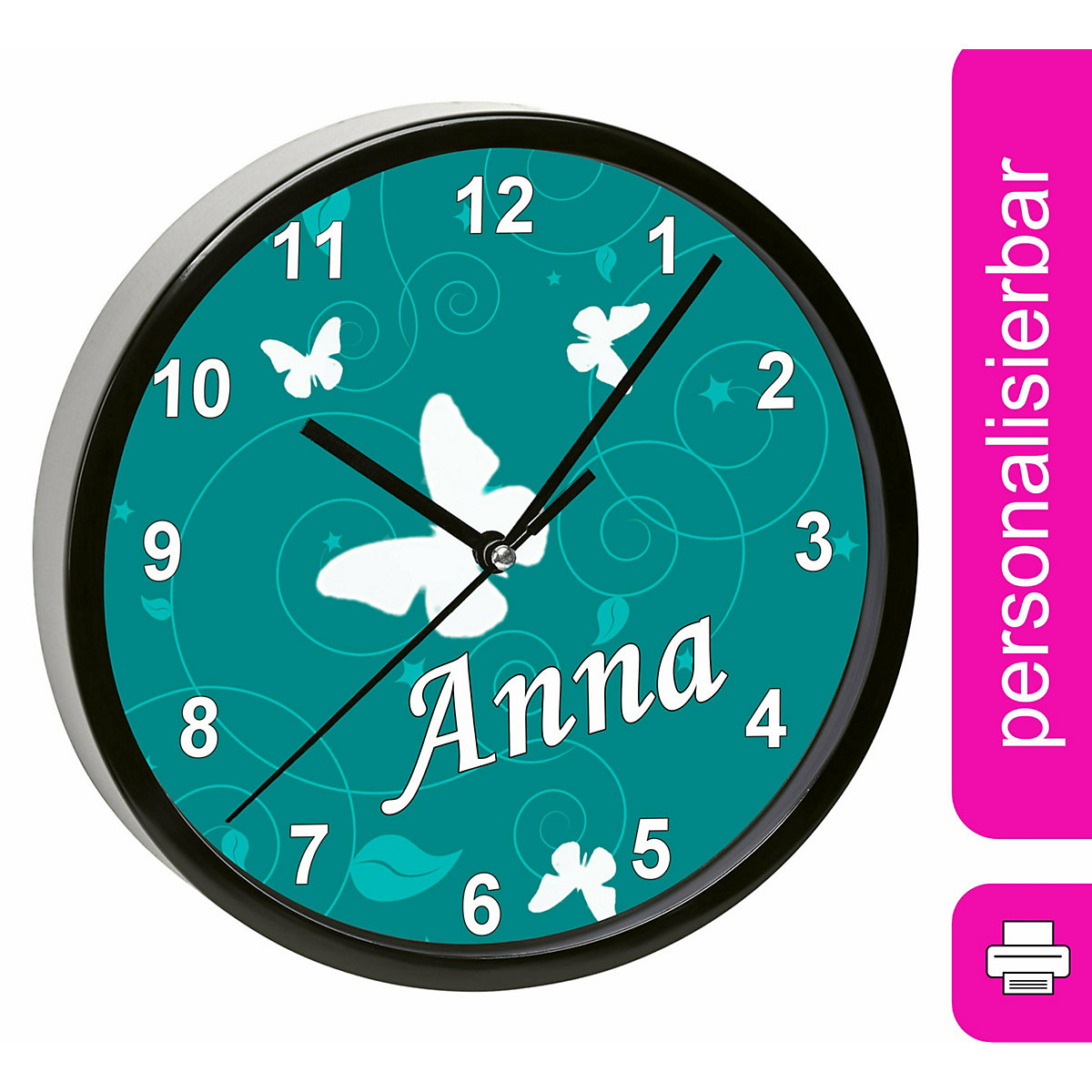 Kinder Wanduhr personalisiert mit Name Schmetterling Petrol