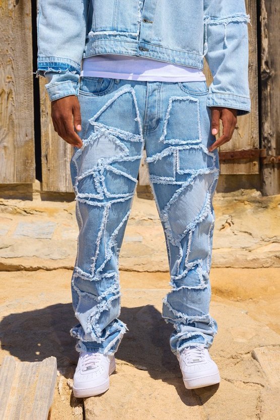 Lockere zerrissene Patchwork Jeans in Hellblau