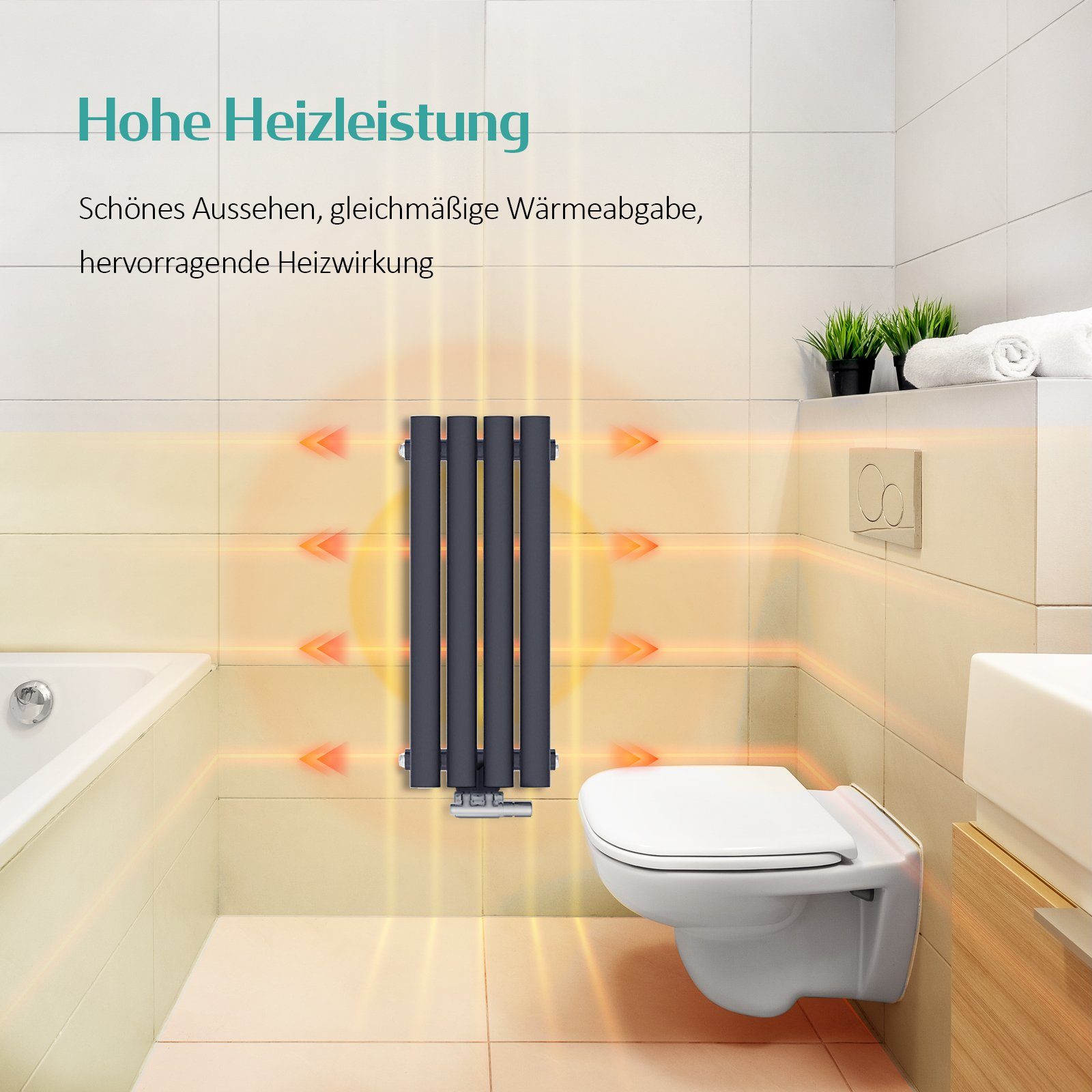 EMKE Heizkörper 600 x 240 mm Oval Paneelheizkörper Flach Heizkörper Klein Design, Vertikal Einlagig/Doppellagig, Mittelanschluss, Anthrazit/Weiß