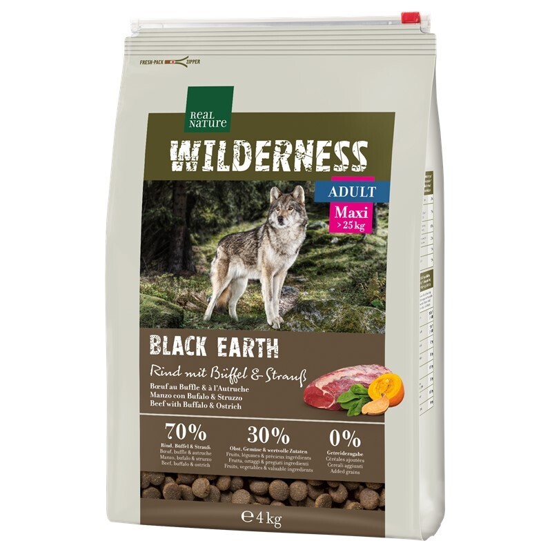 REAL NATURE Hundetrockenfutter REAL NATURE WILDERNESS Maxi Adult Black Earth Rind mit Strauß & Büffel 4 kg