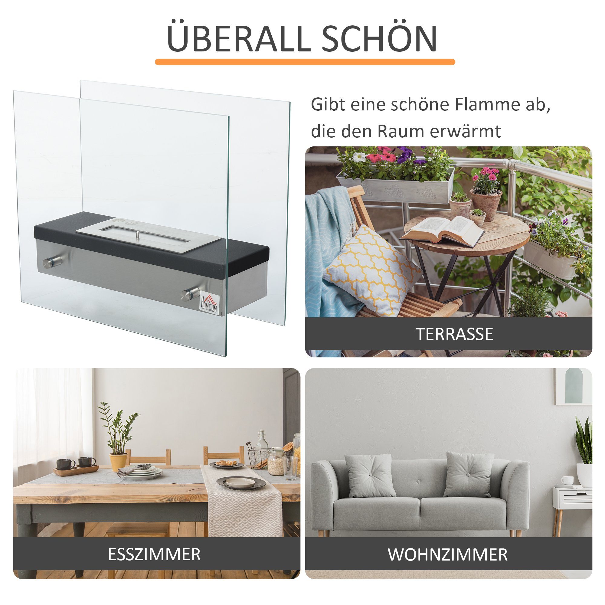 HOMCOM Echtfeuer-Dekokamin Ethanol-Kamin, Bio-Ethanol-Brenner 1,5L, 3 Stdn. Brenndauer, 47 x 20 x 40 cm
