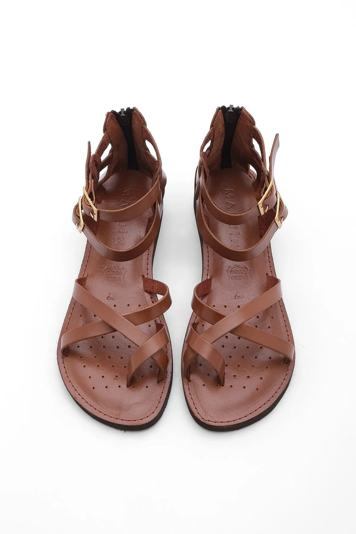 Marjin  Damen Flip-Flops aus echtem Leder mit leichter Eva-Sohle, Alltagssandalen Zelos, hellbraun