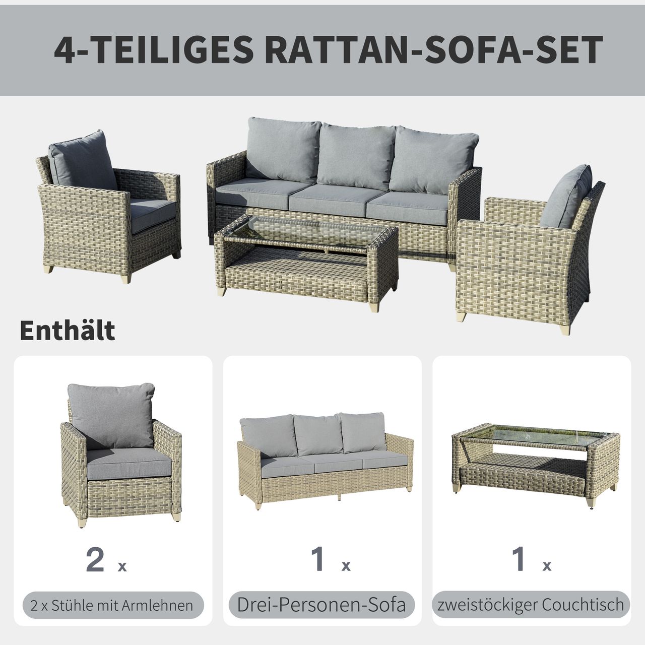 Outsunny 4-tlg. Polyrattan Gartenmöbel Set Sitzgruppe mit Couchtisch Alu Braun
