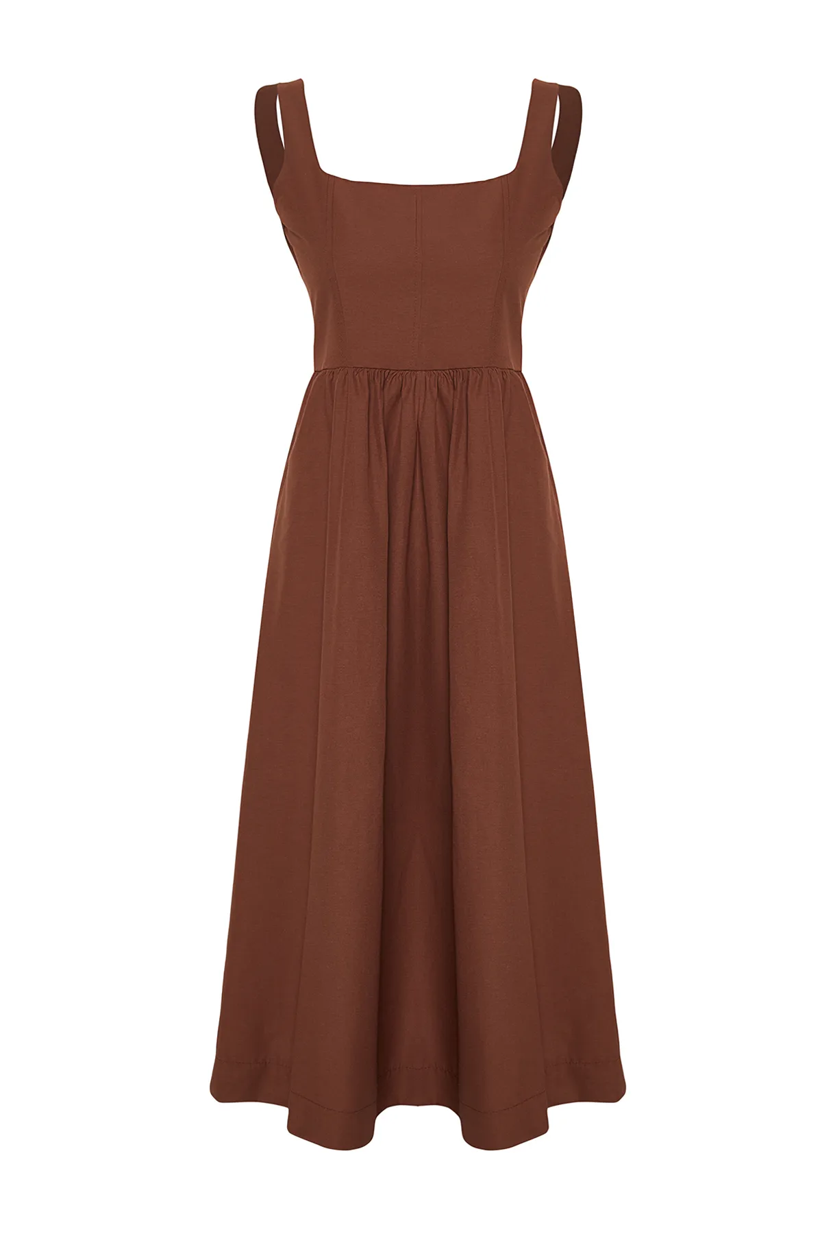 Trendyol Collection  Braunes gewebtes Midikleid mit Taillenöffnung und Korsett-Nähten TWOSS24EL00038