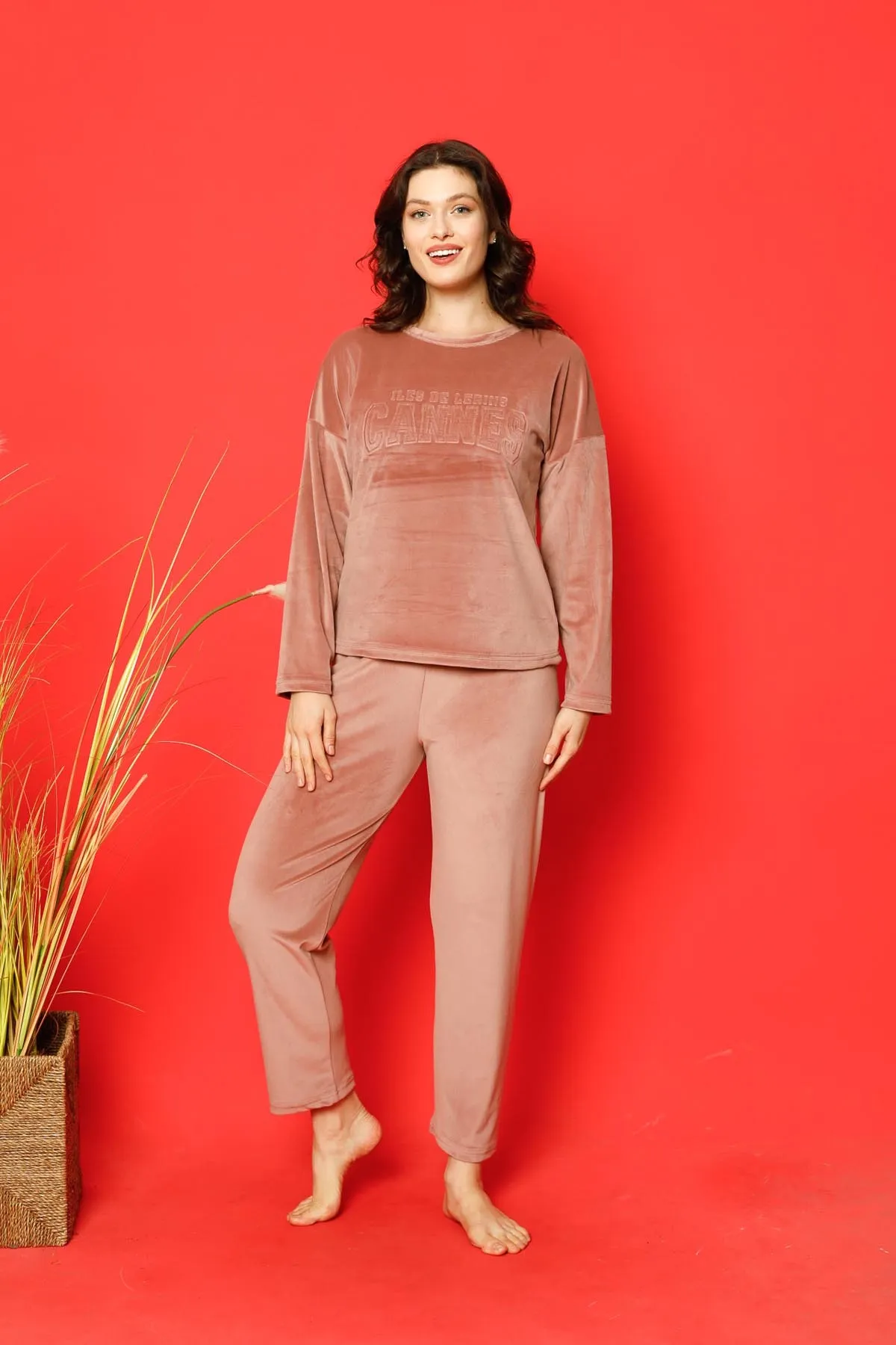 AHENGİM  Damen-Pyjama-Set aus französischem Samt, Cannes-Pyjama mit geprägten Beinen, für den Winter, saisonal, W205212287