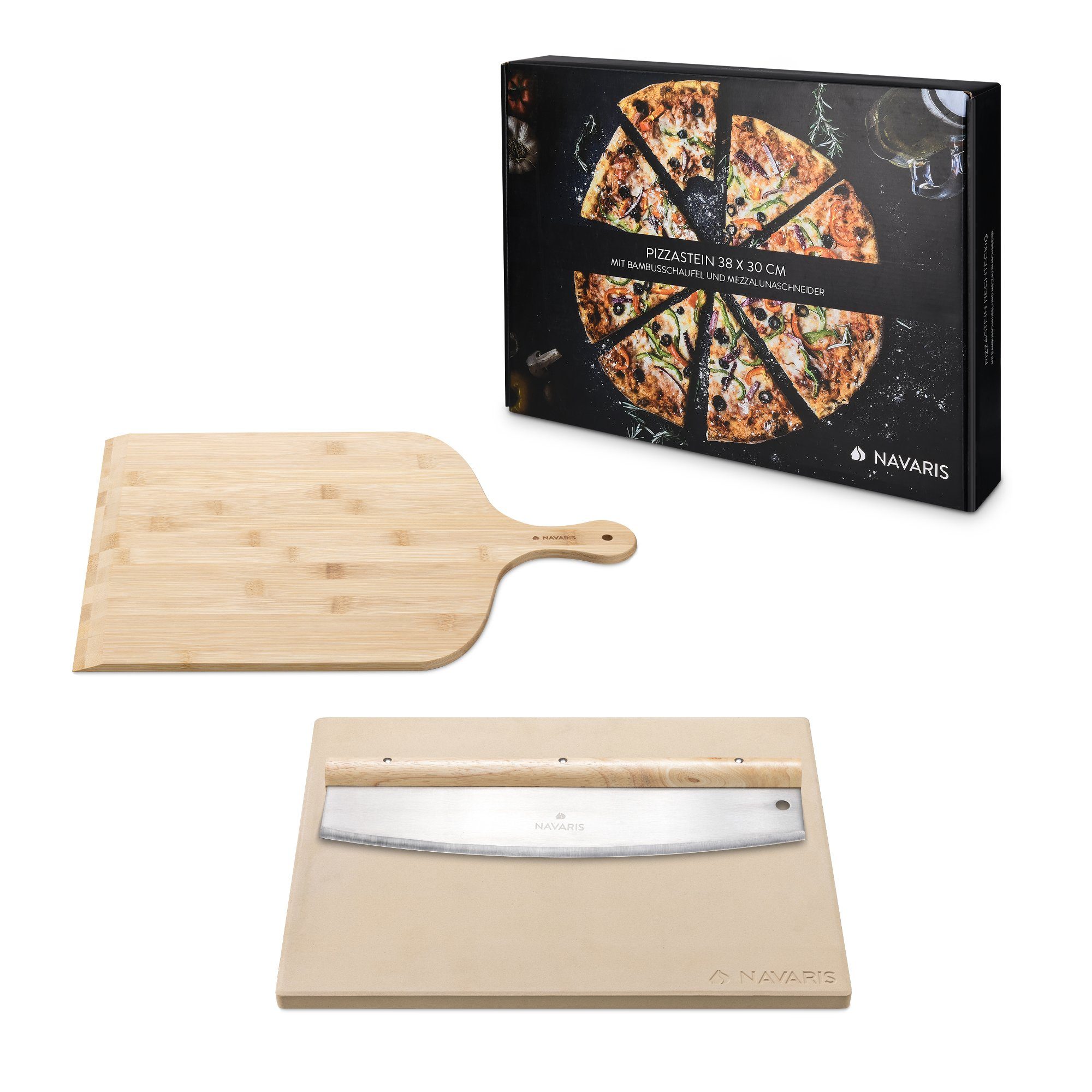 Navaris Pizzastein Pizzastein für Backofen Grill - 38x30cm - mit Zubehör und Rezeptbuch, Korderit-Keramik