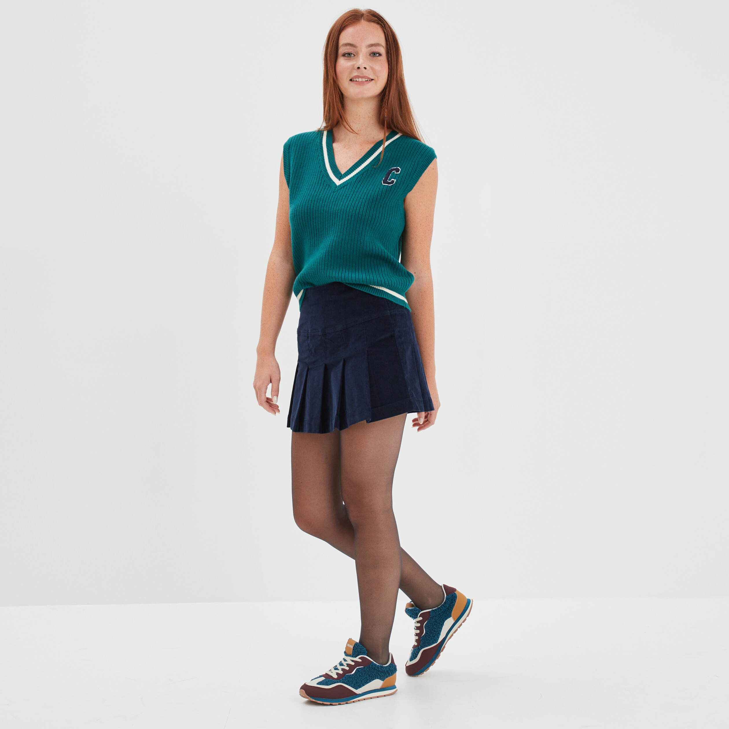 Jupe plissée velours bleu marine femme | La Halle