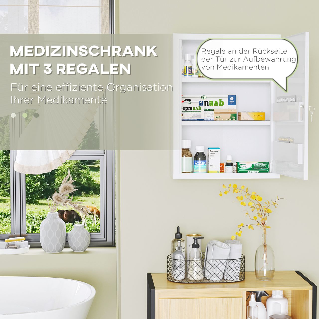 kleankin Medizinschrank, Apothekerschrank mit 3 Schichten, Arzneischrank, Weiß