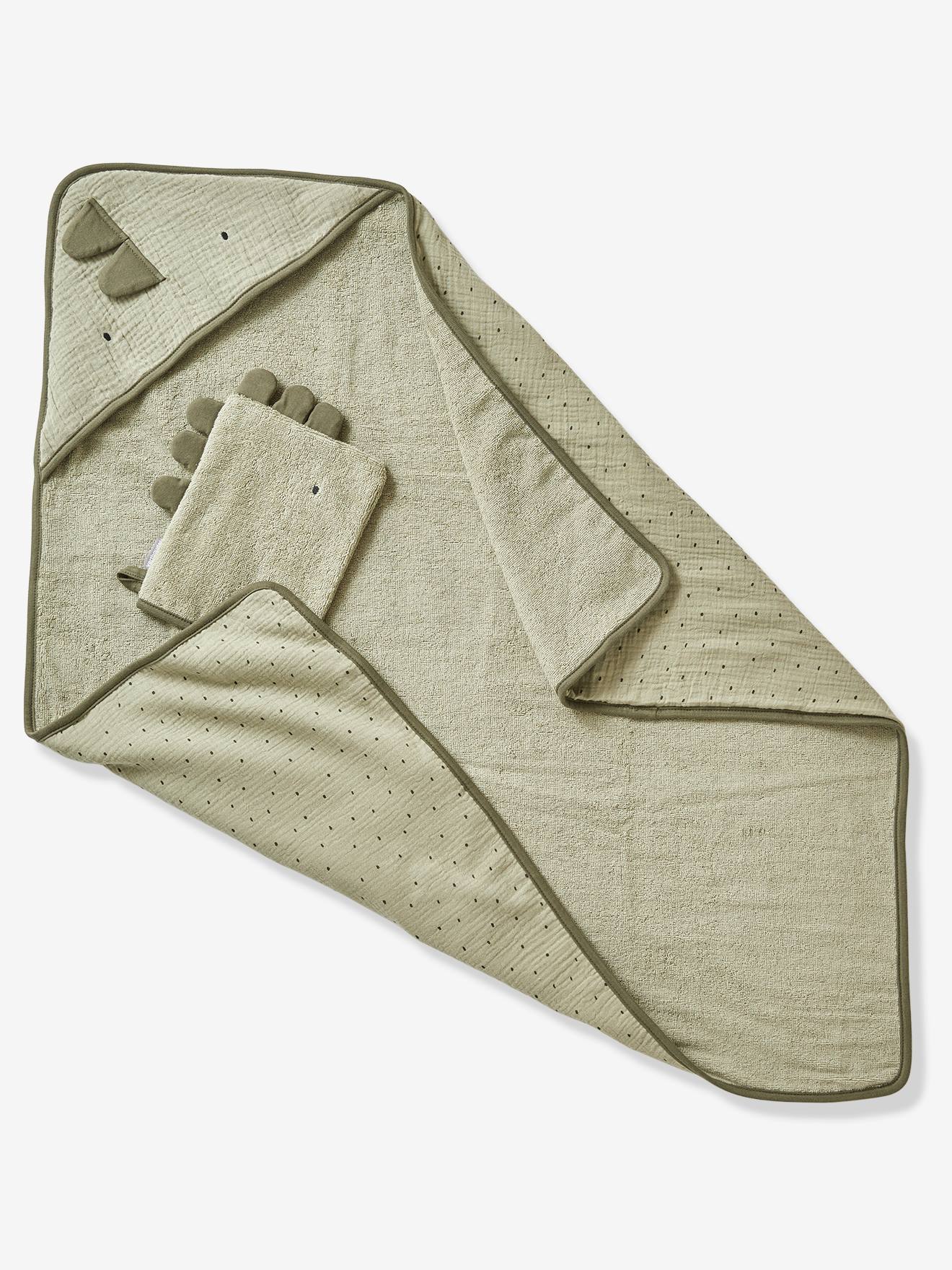Cape de bain bébé en gaze de coton + gant de toilette PETIT DINO bleu