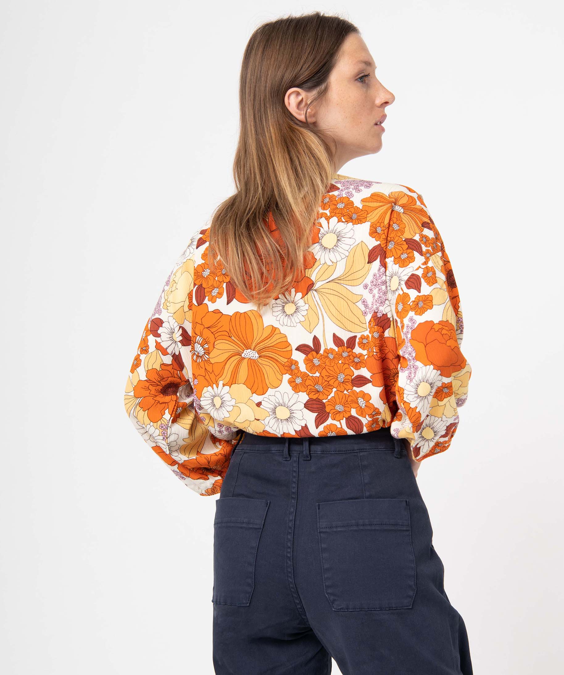 Blouse femme imprimée avec volants sur le col imprime | GEMO