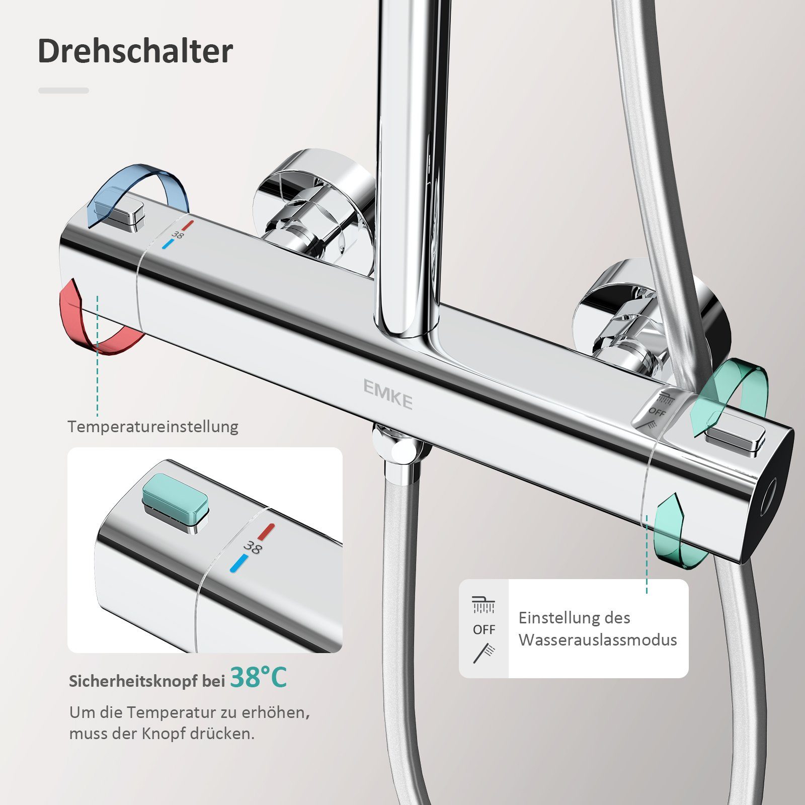 EMKE Duschsystem Duschset mit Theramostat Regendusche Handbrause, 3 Strahlart(en), 38℃ Thermostat Duschsäuleset, Quadratisch, Chrom