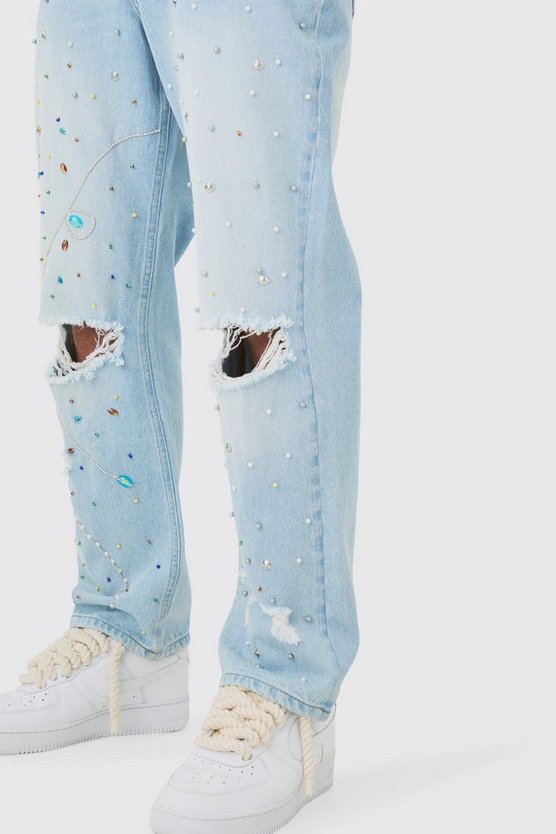 Lockere verzierte Jeans in Hellblau