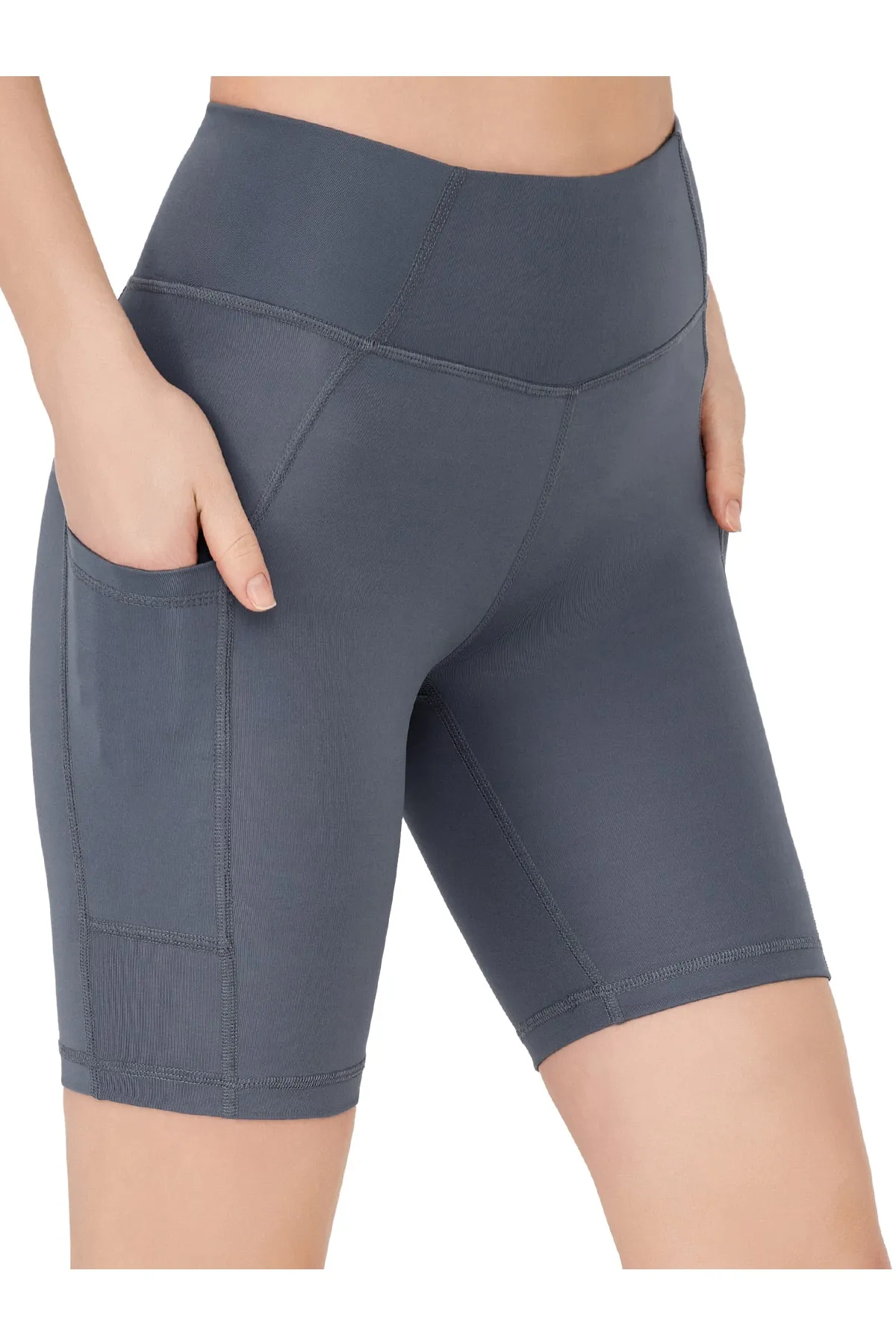 LOS OJOS  Anthrazitfarbene, glättende Biker-Shorts mit doppelter Tasche und hoher Taille, kurze Sport-Tights