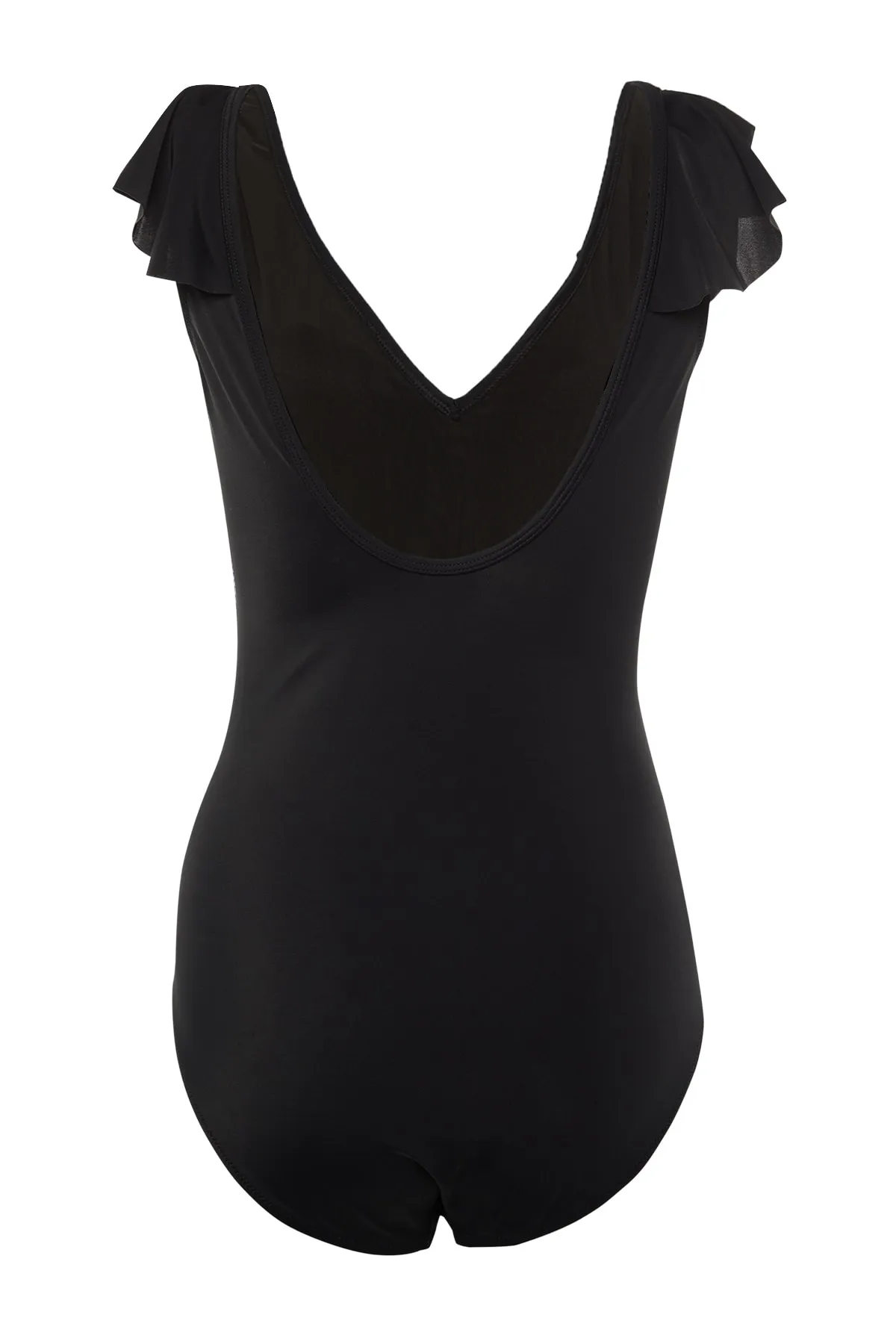 Trendyol Curve  Schwarzer Badeanzug mit Volant und Überwurf und tiefem V-Ausschnitt TBBSS22MA0299