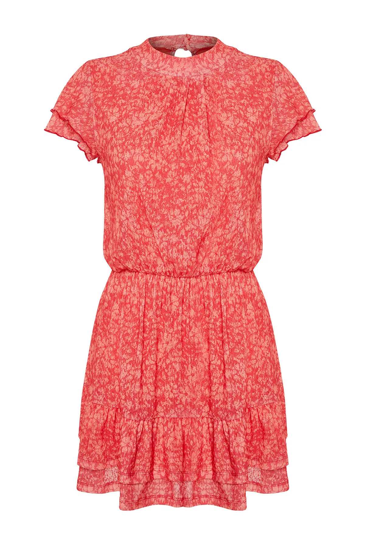 Trendyol Collection  Roter, speziell strukturierter Rock mit Rüschen, Mini, kurzen Ärmeln, Stehkragen, dehnbares Strick-Minikleid TWOSS24EL00485