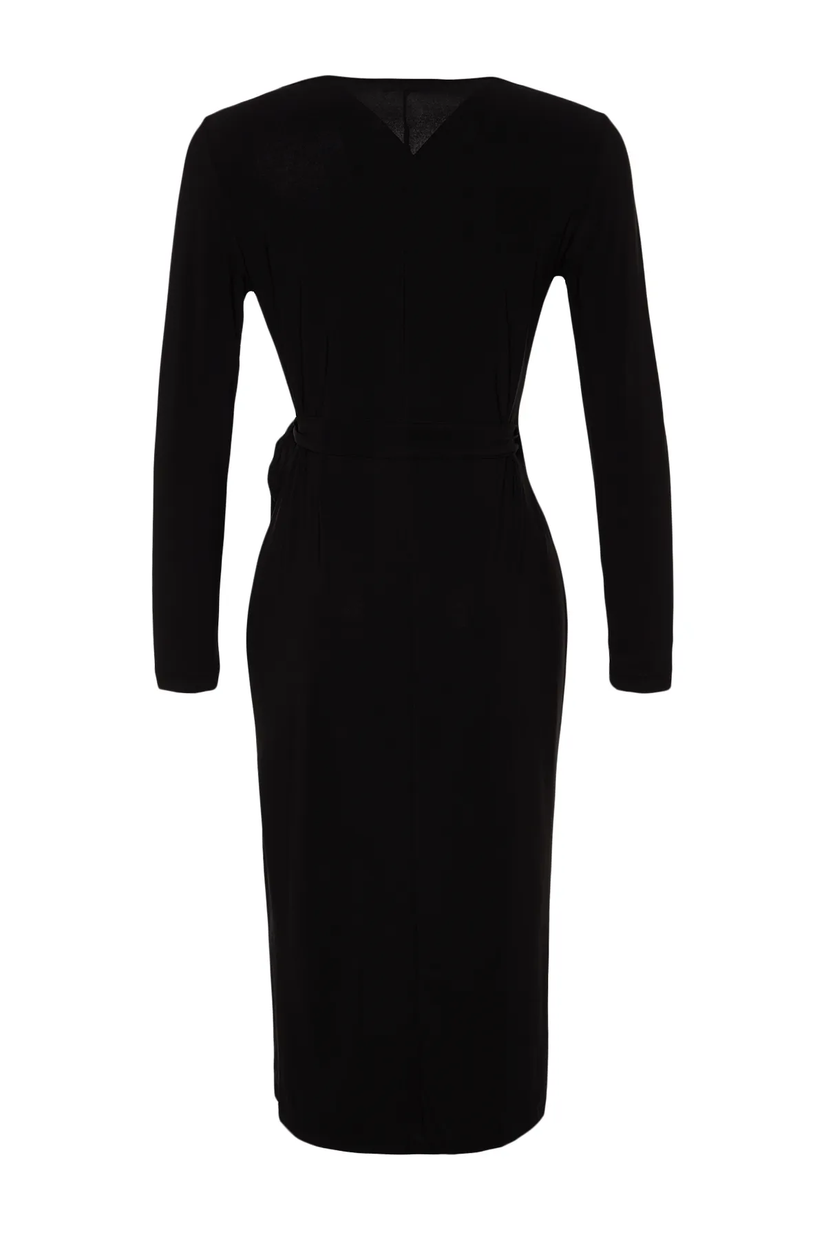 Trendyol Collection  Schwarzes, zweireihiges, figurbetontes Midi-Strickkleid mit Gürtel und Kragen TWOAW24EL00290