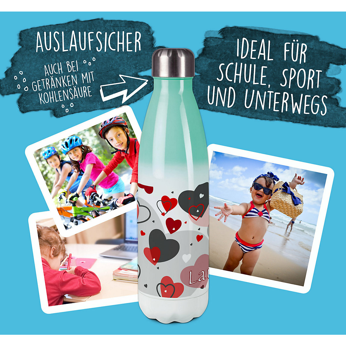 Edelstahl Kinder Thermoflasche / Trinkflasche bunt Herz Farbe rot grau Spülmaschinenfest, Auslaufsicher, Bruchfest, Doppelwandig, Für Heißgetränke geeignet, Mit Deckel, Isoliert