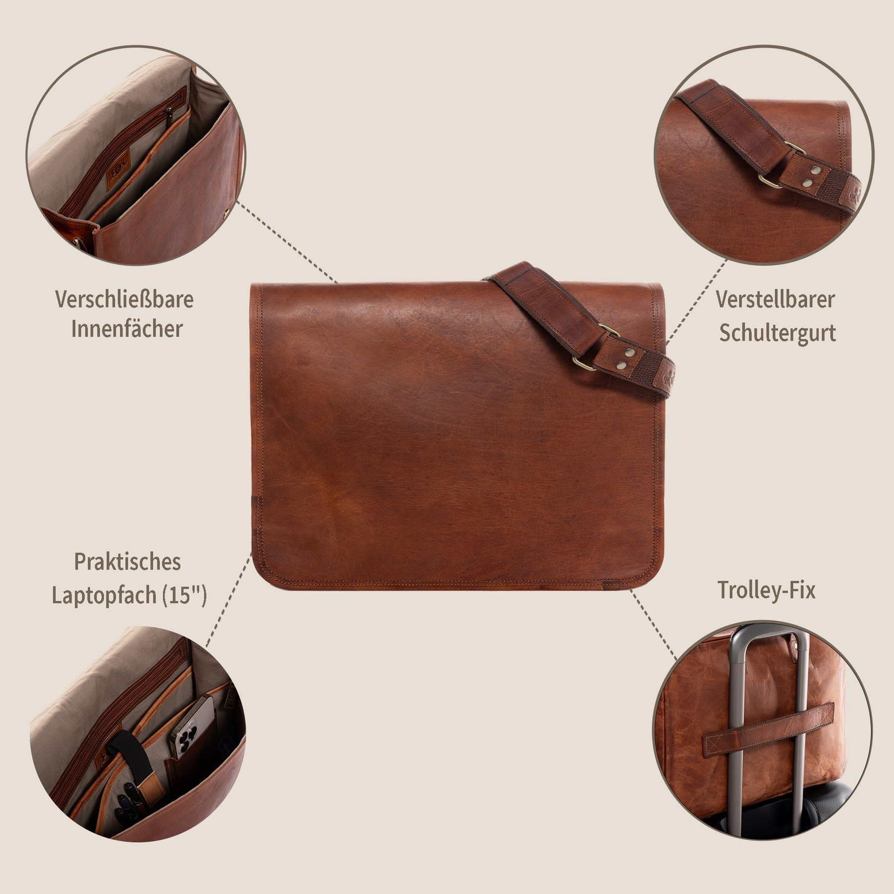 SID & VAIN Laptoptasche CAMDEN, Messenger Bag 15 Zoll echt Leder Unisex, Aktentasche, hellbraun