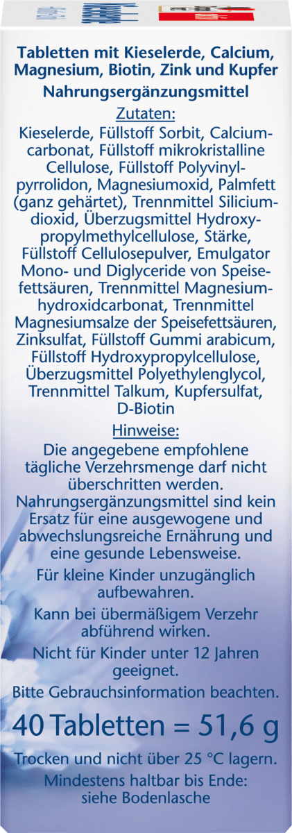 Kieselerde + Biotin + Zink Tabletten 40 St., 51,6 g