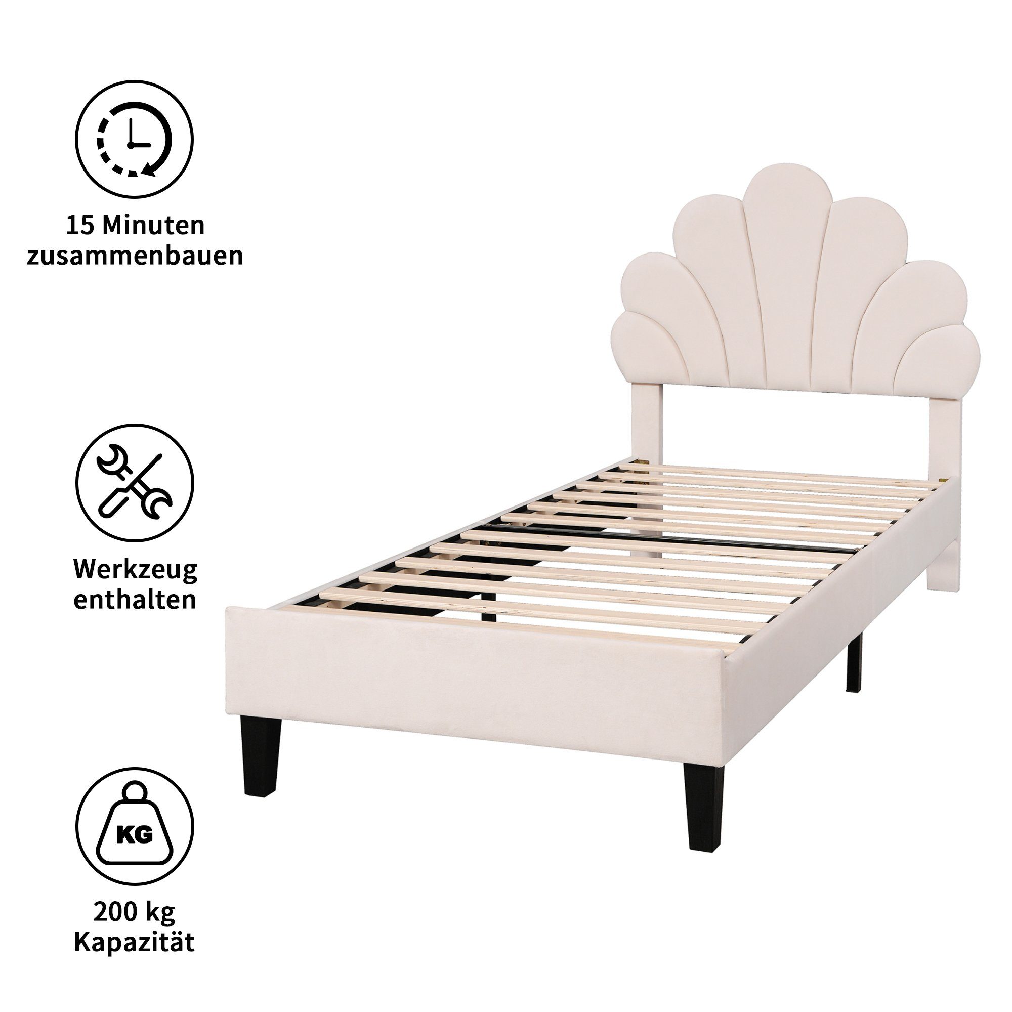 SEEZSSA Polsterbett Polsterbett Kinderbett süßes Einzelbett Mädchenbett mit Blumenform, Rückenlehne und Lattenrosten Gestell aus Holz & Samtstoff 90 x 200 cm