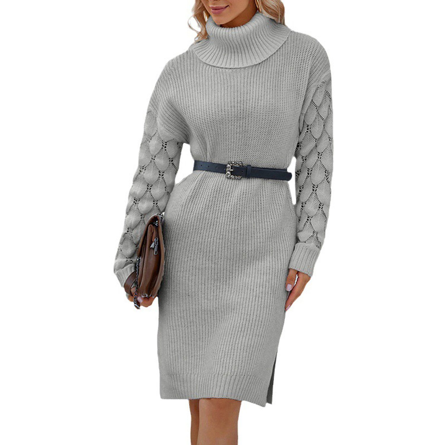 aikidio Stillkleid Schlankes, sexy Strickkleid mit hohl geschlitztem Pulloverrock