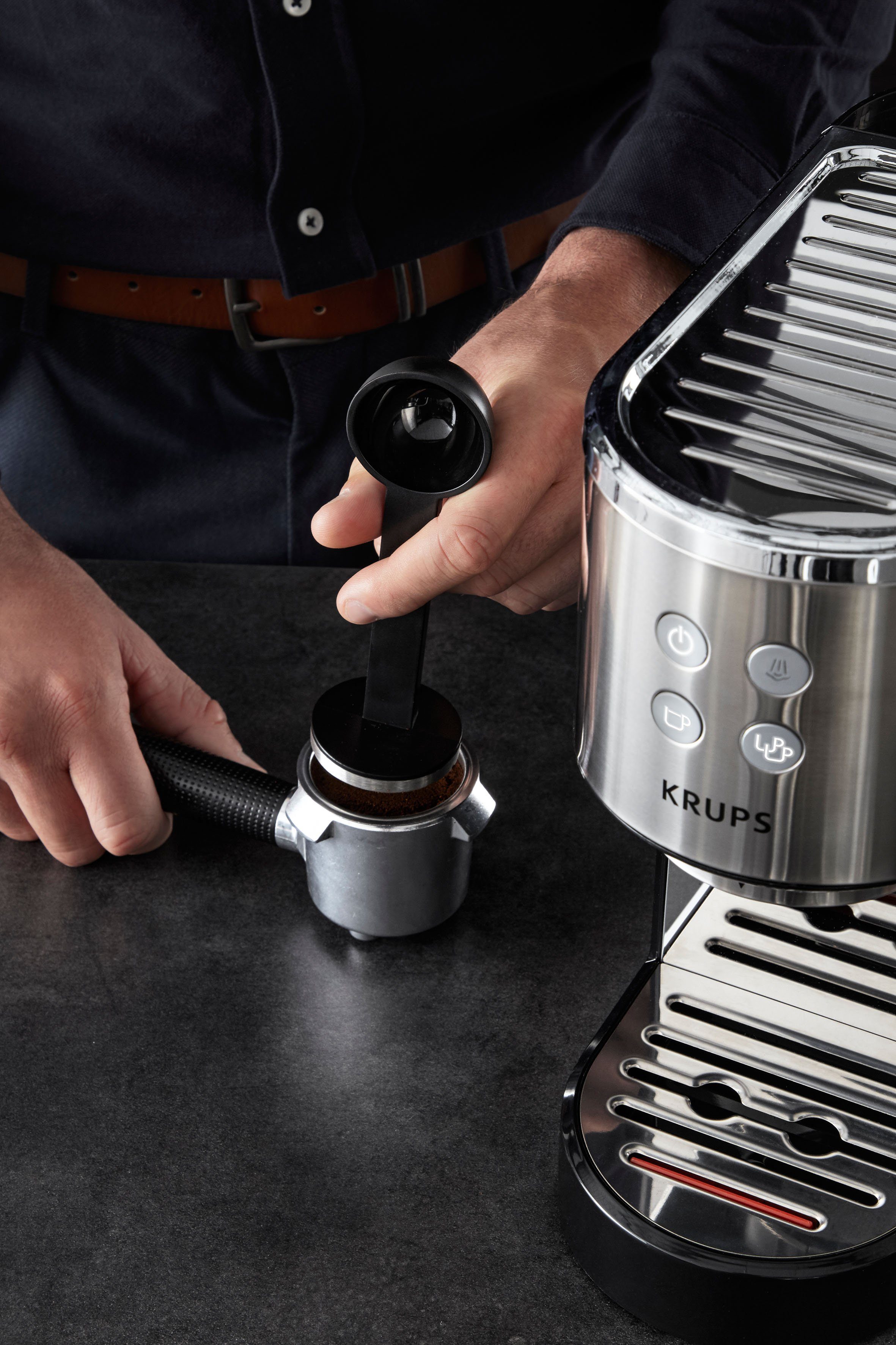 Krups Siebträgermaschine XP442C Virtuoso, integrierter Tassenwärmer, automatische Abschaltung, 2-Tassen Funktion