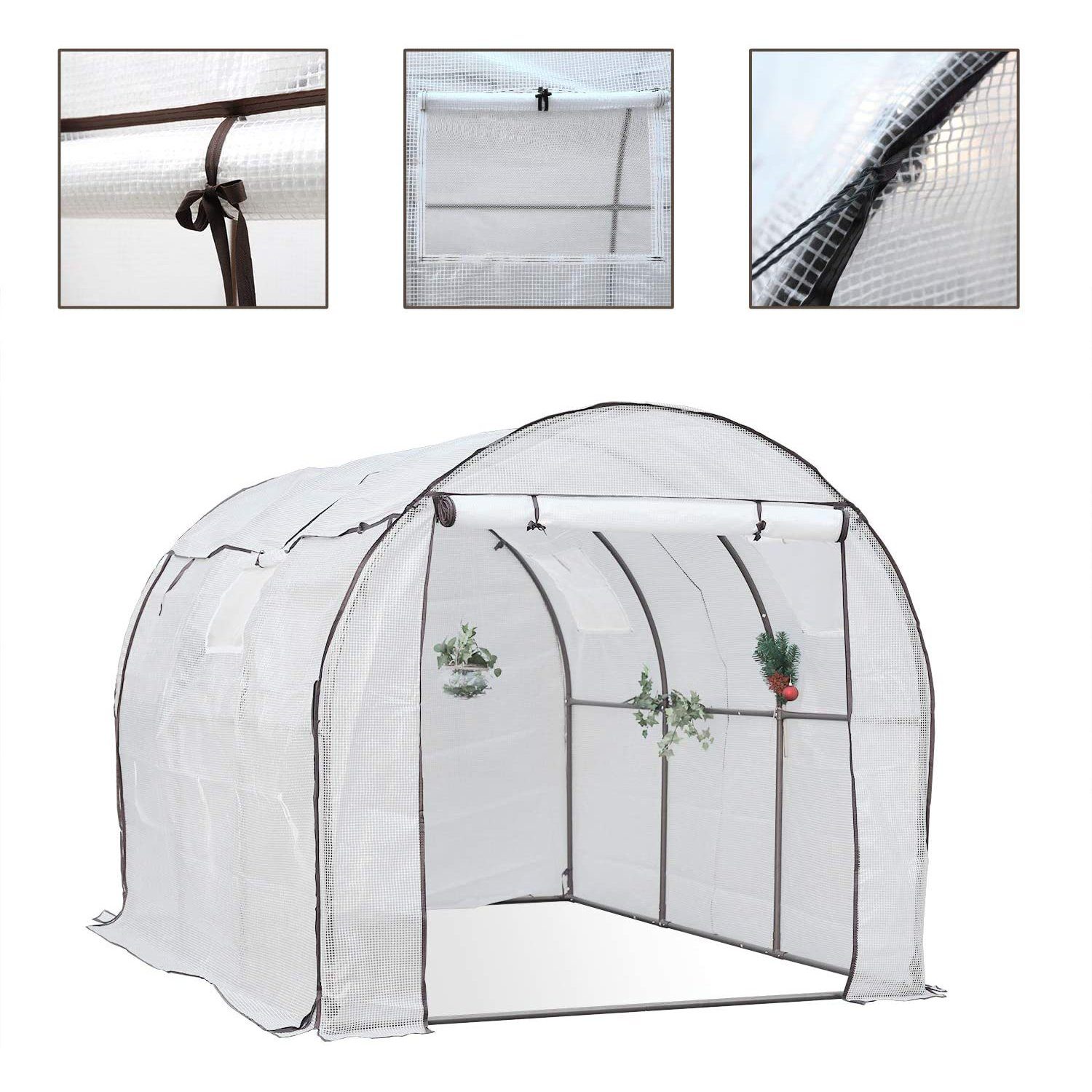 Sekey Gewächshaus Foliengewächshaus mit Stahlfundament 200x300 cm Seitenwände aufrollbar, Folientunnel Begehbar Tomatenhaus Winterfest, mit Erdanker, Weiß