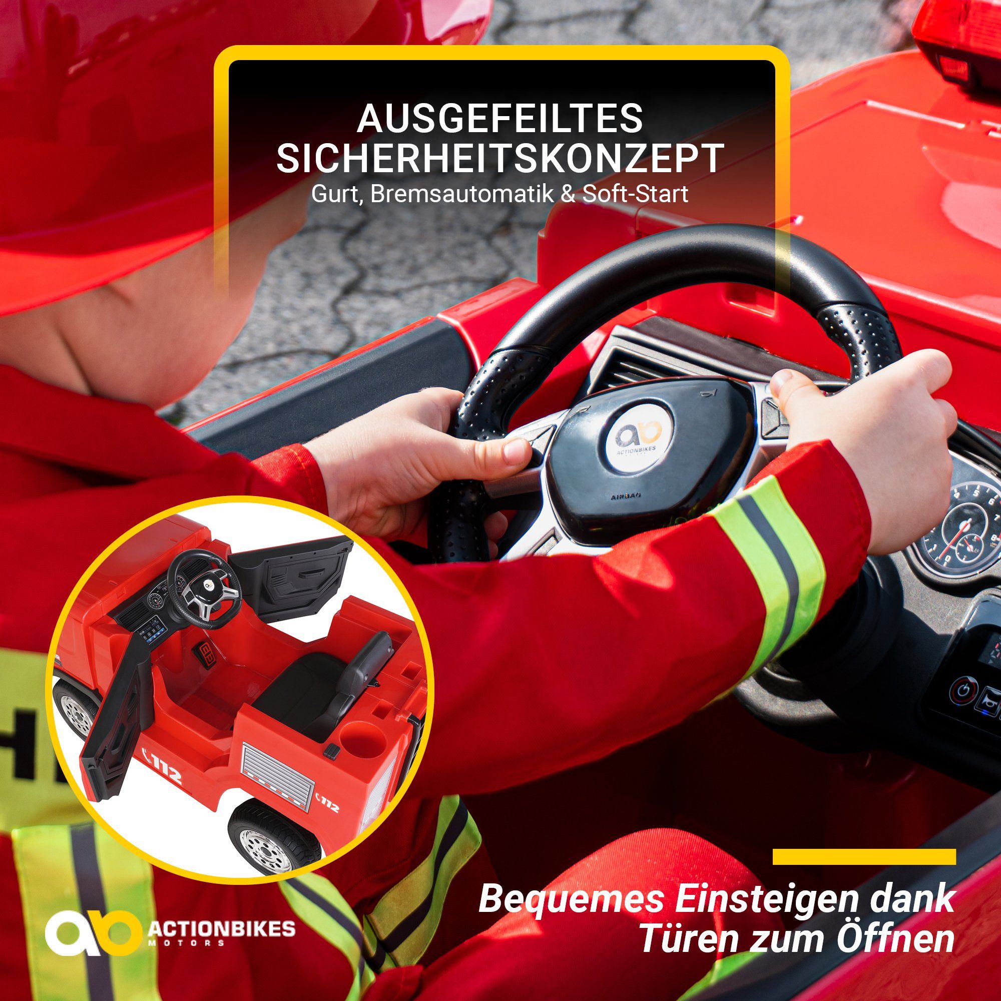 Actionbikes Motors Elektro-Kinderauto Kinder Auto Feuerwehr SX1818 Elektro - Fernbedienung - Wasserspritze, Belastbarkeit 40 kg, (4-tlg), Kinder Fahrzeug Spielzeug ab 3 Jahre elektrisch - Sirene & Bluetooth