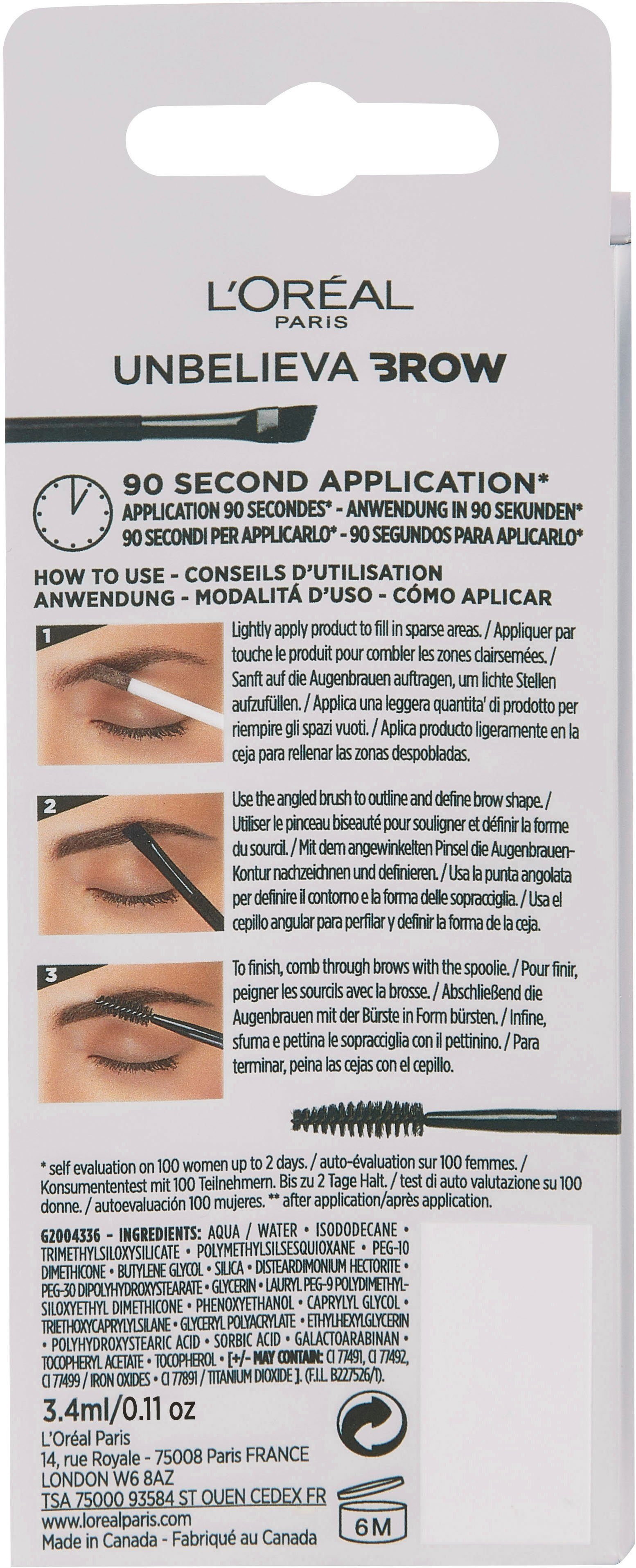 L'ORÉAL PARIS Augenbrauen-Gel Unbelieva Brow, mit unterschiedlichen Applikatoren, wischfest, Augen-Make-Up