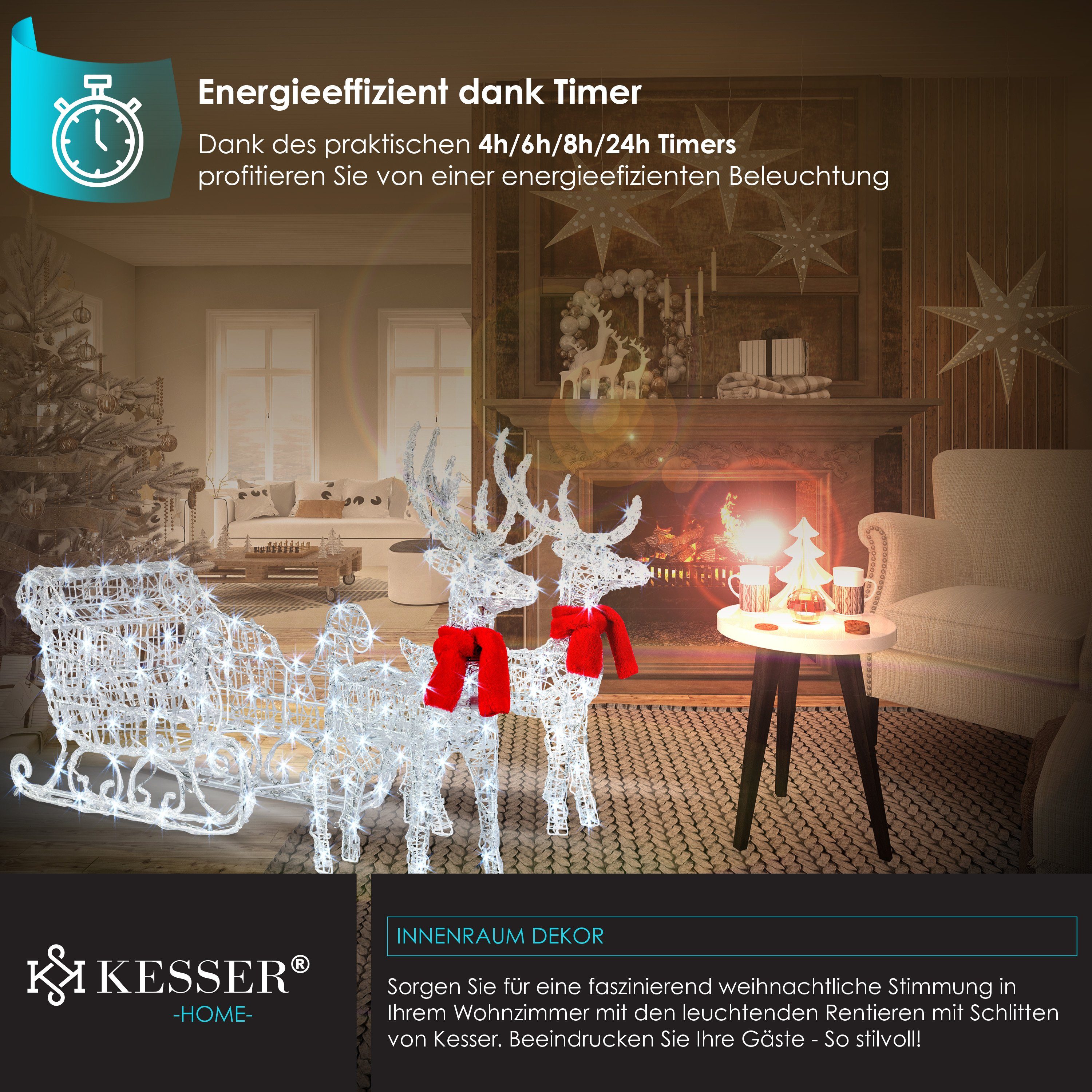 KESSER Weihnachtsfigur, 240er LED Rentiere Schlitten weiß Timer Weihnachtsbeleuchtung