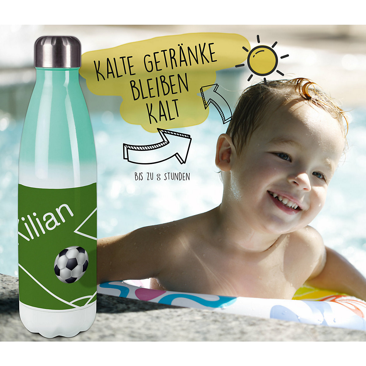 Edelstahl Kinder Thermoflasche / Trinkflasche bunt Fußball Spülmaschinenfest, Auslaufsicher, Bruchfest, Doppelwandig, Für Heißgetränke geeignet, Mit Deckel, Isoliert