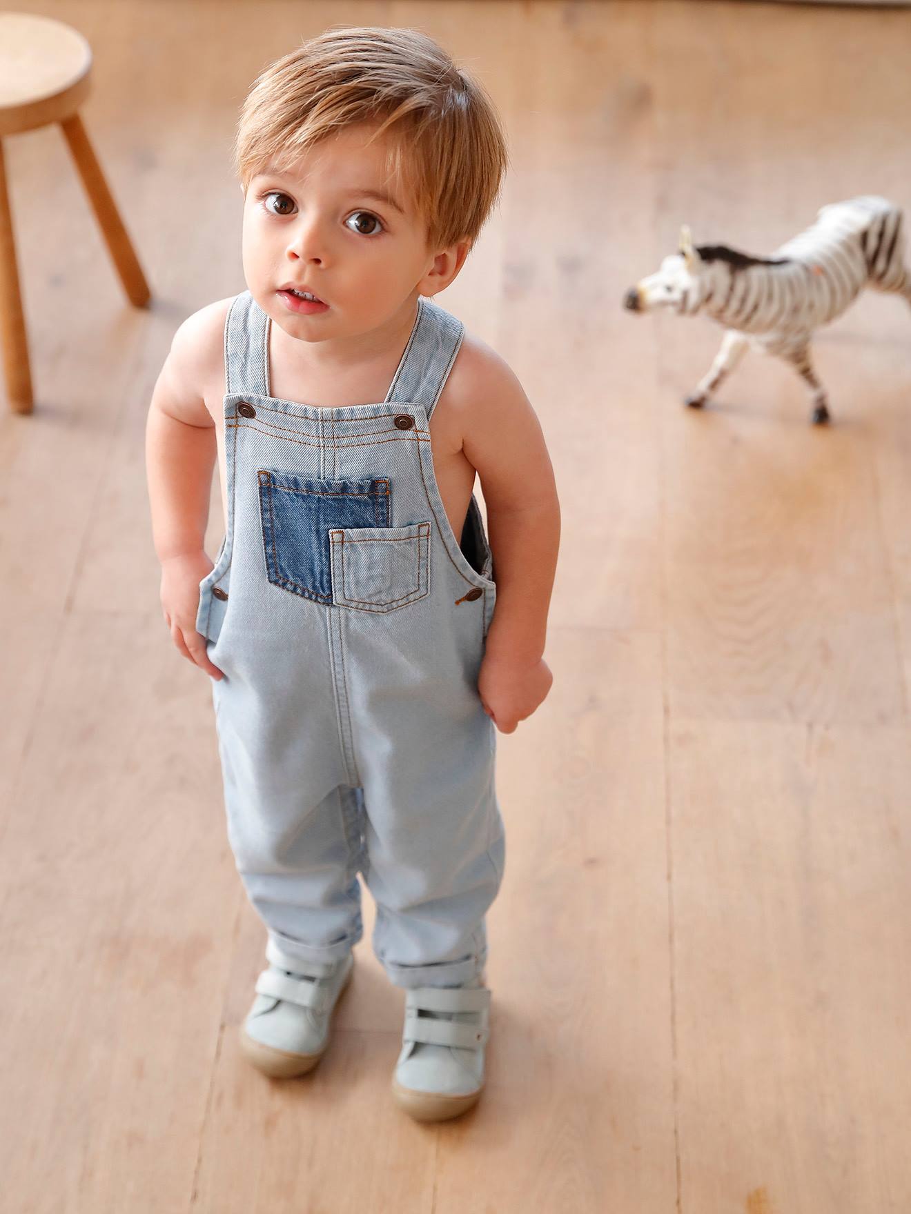 Salopette en denim bébé poches contrastées denim bleached