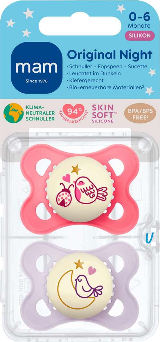 Schnuller Original Night Silikon pink/lila, 0-6 Monate, 2 St
