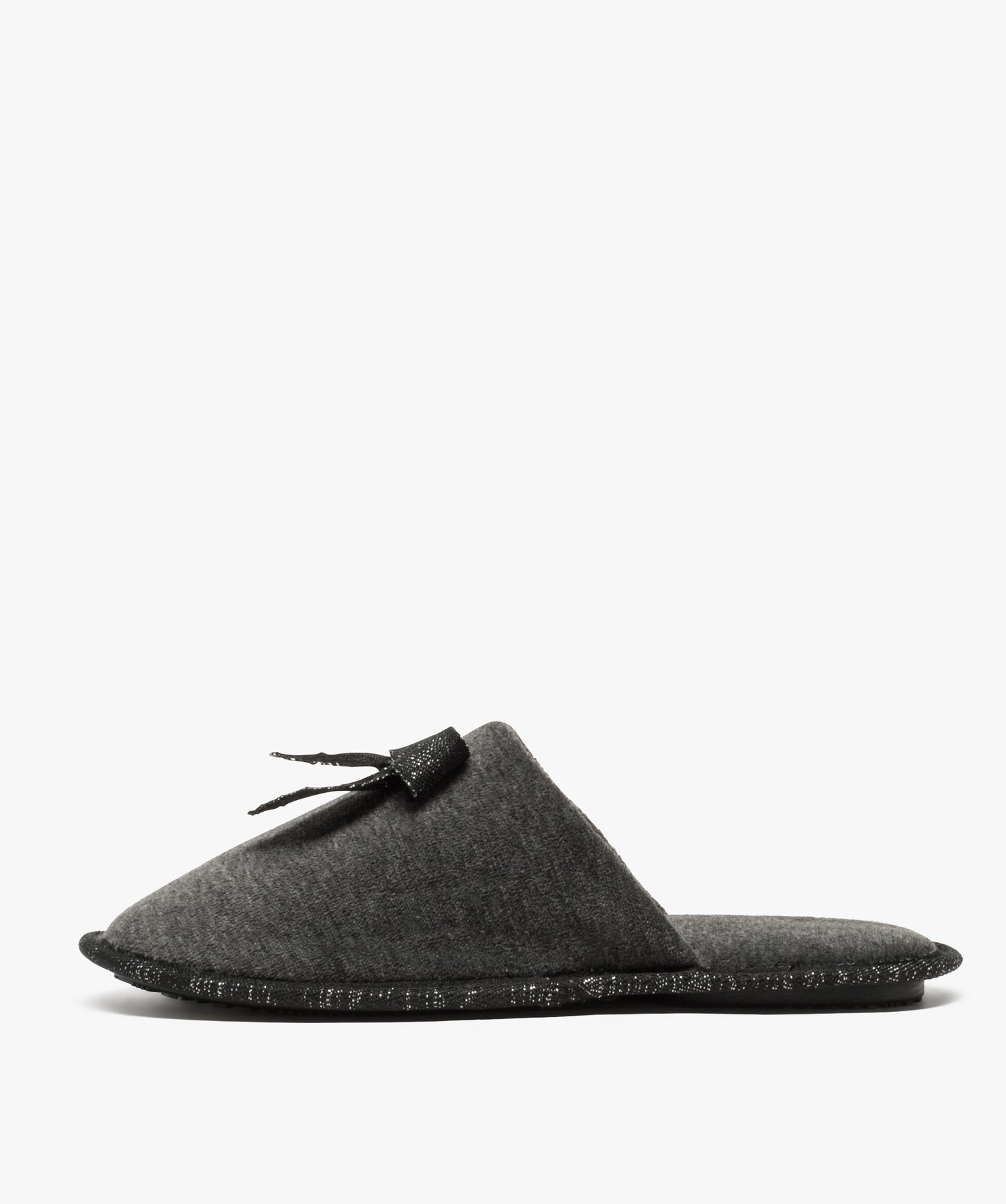 Chaussons femme forme mules en velours ras et n?ud pailleté gris fonce | GEMO