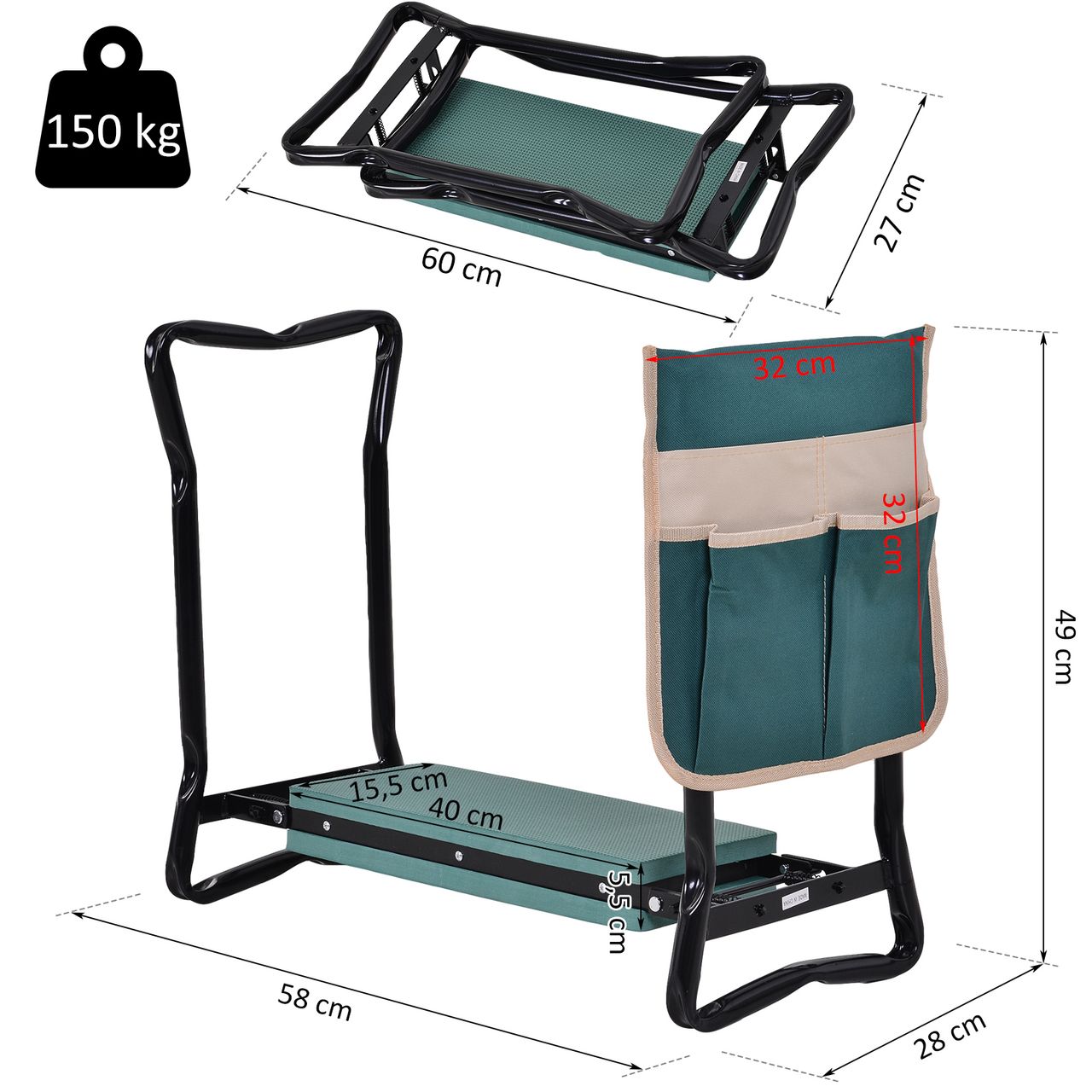 Outsunny Kniebank Klappbarer Gartenhocker 2-in-1 Kniehilfe mit Werkzeugtasche EVA-Schaumstoff 58 x 28 x 49 cm