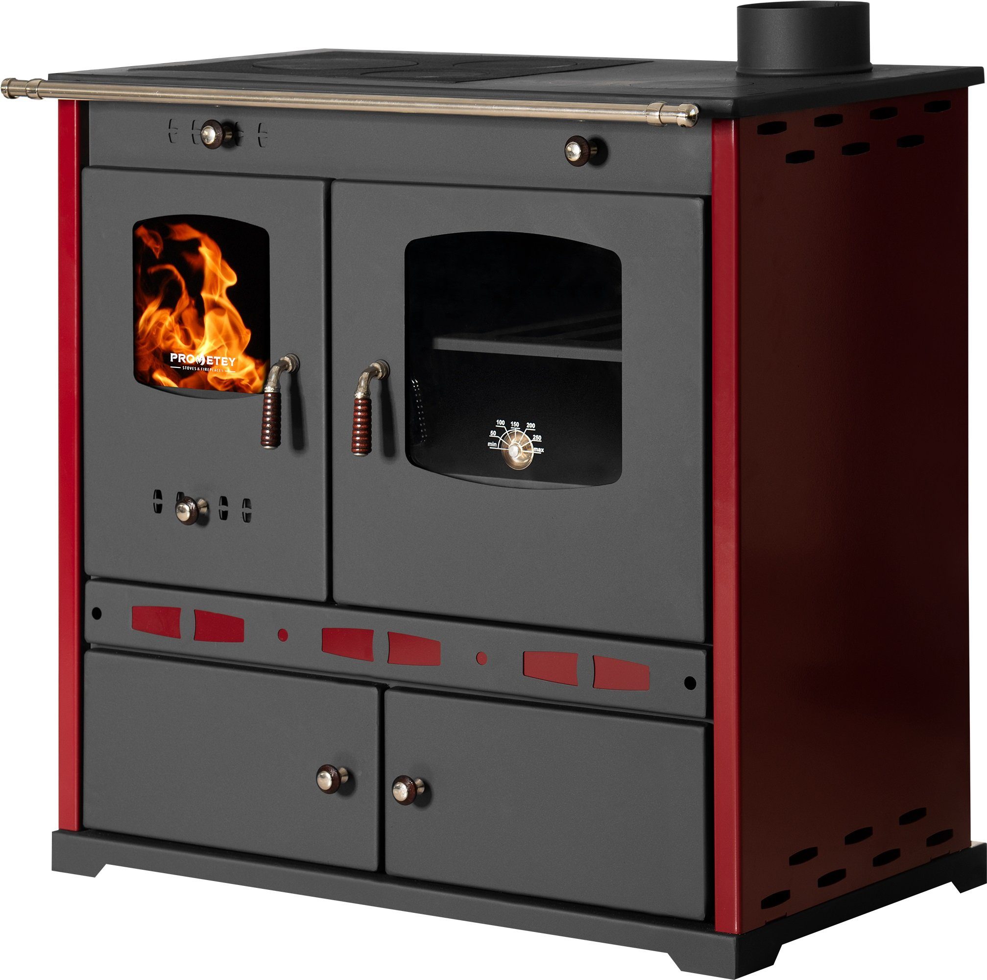 Prometey Festbrennstoffherd Küchenofen Perfect ECO LUX bordeaux, rechte Version, 7,40 kW