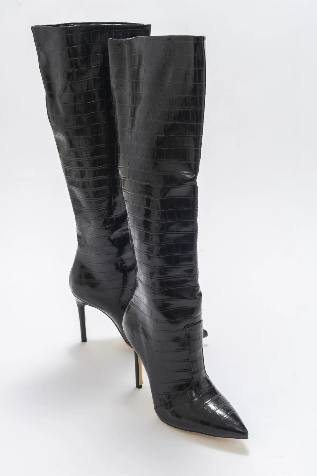 LuviShoes  Marineblaue, schwarz bedruckte Damenstiefel mit Absatz