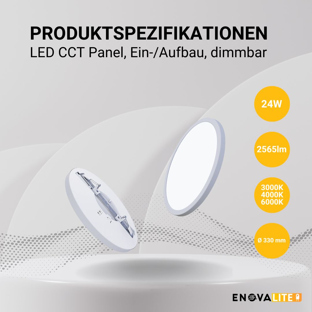 ENOVALITE LED CCT Panel, Ein-/Aufbau, dimmbar, 24W, ø330mm, Lochdurchm. variabel